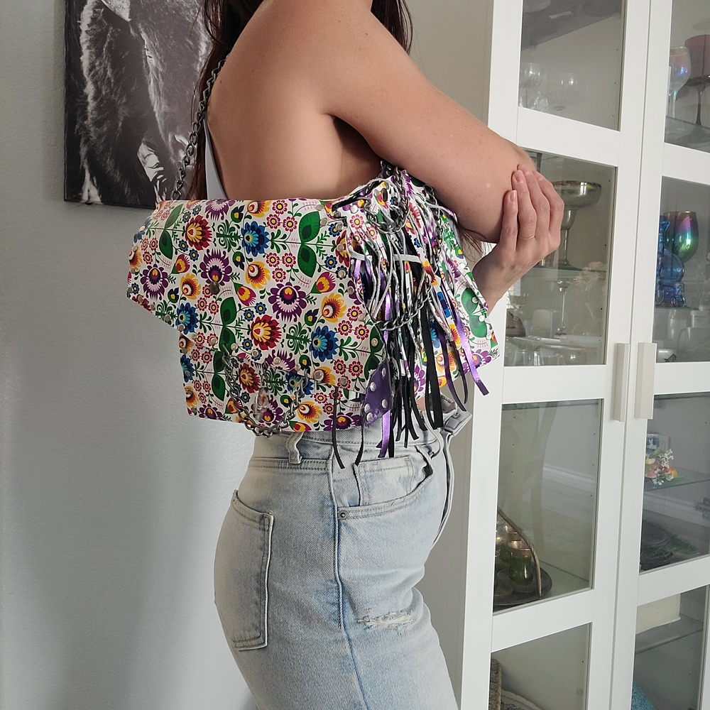 Floral Leather Fringe Shoulder Bag - Skull Charm Multicolor